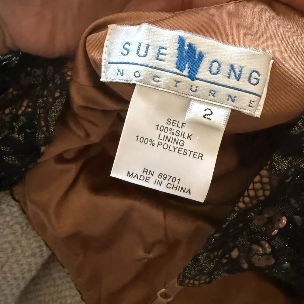 Sue Wong Vintage Silk Gold Satin Maxi with Black Lace Appliqué Detailing - Picture 3 of 6